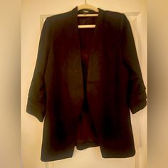 Brand: Express Type: 3/4 Length Ruched Sleeve Blazer Color: Black Condition: Never Worn, Like New Size:Medium Black 3/4 Sleeve Blazer For Spring, Black 3/4 Sleeve Blazer For Work, Black 3/4 Sleeve Outerwear For Fall, Black 3/4 Sleeve Formal Outerwear, Black Formal Outerwear With 3/4 Sleeve, Ruched Sleeve Blazer, Ruched Sleeve, Black Blazer, Colored Blazer