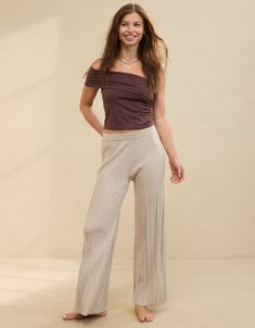 Aerie High Waisted Sweater Pant Relaxed Stretch Pants For Fall, Knit Bottoms For Lounging, Casual Ribbed Bottoms For Lounging, Soft Knit Cotton Bottoms For Fall, Cozy Fit Bottoms For Fall Lounging, Cozy Fit Bottoms For Lounging In Fall, Comfortable Knit Bottoms For Lounging, Comfortable Knit Lounging Bottoms, Comfortable Knit Loungewear Bottoms