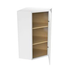 a white cabinet with two shelves on the front and one door open to reveal an empty shelf