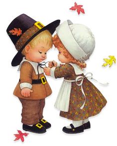 two children dressed up in thanksgiving clothes and hats, one holding the other's hand