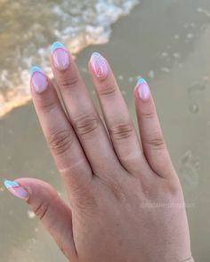 Light blue and coral nails - got these for a beach vacation and am obsessed! Nail Ideas On Real Nails, Gel Nails Ideas Short Design, Vacation Nails For Mexico, Aesthetic Vacation Nails, Oval Beach Nails, Pastel Beach Nails, French Tips With Starfish, Nail Inspo August 2024