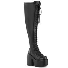 Demonia Camel-300 Wide Calf Black Vegan With A 5" (127mm) Chunky Heel, 3" (76mm) Platform Lace-Up Stretch Wide Calf Thigh-High Boot, Full Length Outside Metal Zip Closure, Cam300wc/Bvl Calf And Thigh Measurements: Size 6: Calf - 16" / Thigh - 20" Size 7: Calf - 16" / Thigh - 20" Size 8: Calf - 17" / Thigh - 21" Size 9: Calf - 17" / Thigh - 21" Size 10: Calf - 17" / Thigh - 21" Size 11: Calf - 17" / Thigh - 21" Size 12: Calf - 18" / Thigh - 22" Free Shipping And Brand New In Box If You Don't See Demonia Collection, Wide Calf Thigh High Boots, Alternative Shoes, Single Sole Heels, Demonia Shoes, Festival Shoes, Punk Boots, Gogo Boots, Cosplay Shoes