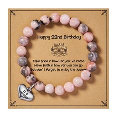 PRICES MAY VARY. *The Meaningful of 22nd Birthday Bracelet* The stretchy bracelet for age 22 girls are designed with a 22&Fabulous heart charm, and comes with a message card "Happy 22nd Birthday, Take pride in how far you've come. Have faith in how far you can go. But don't forget to enjoy the journey". *Fabulous 22nd Birthday Gifts* Fabulous and inspirational birthday present jewelry for 22nd birthday celebration milestone in her life. Simply close your eyes and make a wish, then tie this brace Valentine's Day Birthday Beaded Bracelets With Round Beads, Valentine's Day Birthday Round Beaded Bracelets, Valentine's Day Birthday Beaded Bracelets, Valentine's Day Birthday Beaded Bracelet, Valentine's Day Gift Stretch Bracelet With 8mm Beads, Beaded Stretch Bracelet For Birthday And Valentine's Day, Beaded Stretch Bracelet For Birthday On Valentine's Day, Pink Stretch Bracelet For Birthday, Mother's Day Birthday Charm Bracelet With Letter Beads