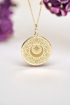 Our 14k Solid Gold Moon And Flowers Necklace can be personalized with a custom engraving on the back of the pendant.  It's a very nice gift for Birthdays, Anniversaries and Weddings. Moon represents calmness, beauty and nurturing. ● 14K SOLID GOLD ● FREE BACK SIDE PERSONALIZATION ● FREE SHIPPING  ● Inner diameter of the jump ring is 4mm ● Pendant thickness is 0.5mm 🇺🇸 All items are HANDMADE IN USA 🇺🇸 All materials are sourced from USA ● Chain Length Options    - Without Chain    - 40 cm / 16 Laser Engraved Jewelry, October Jewelry, Celestial Pendant, Moon Flowers, Faberge Jewelry, Magical Jewelry, Gold Moon, Celestial Jewelry, Classy Jewelry