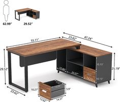 an office desk with two drawers and one shelf on the side, measurements for each drawer