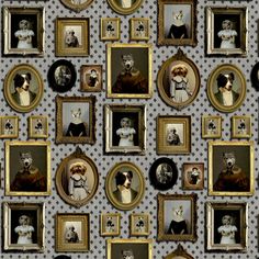 a wall with many framed pictures and dogs on it's sides, all in gold frames