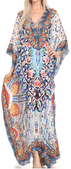 Sakkas gorgeous long flowy beautiful caftan swimwear dress Size Type: One SizeSize: US (0-3X), EU (34-54), UK (6-26)Max bust size: 54 inches (138cm)Length: 56 inches (142 cm) Approximately, Measured shoulder to hem. Department: Women'sItem Type: DressFit Type: Long & RelaxedSleeve Length: Short SleeveSleeve Type: Bell SleeveMaterial: 100% Poly CrepeMaterial Opacity: OpaqueNeckline: Scoop NeckWash Care: Hand wash separately in cold water. Line dry. Pattern: Patterned, GeometricOccasion: Casua Bohemian Multicolor Tunic Cover-up, Bohemian Flowy Loose Maxi Dress, Multicolor Tunic Style Beachwear Cover-up, Flowy Multicolor Tunic Cover-up, Bohemian Multicolor Kaftan For Beach Cover-up, Patterned Kaftan For Summer Beach Cover-up, Multicolor Tunic Dress For Beach Party, Multicolor Flowy Cover-up For Beach Party, Long Patterned Kaftan For Beach