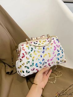 Bird in Bag - Butterfly Printed Multi-Colored PU Clutch With Metal Chain for Women, Elegant Handbag for Festival, Party, Photo Spring Party Pouch Shoulder Bag, Multicolor Summer Party Bag, Multicolor Summer Party Bags, Trendy White Evening Bag For Parties, White Evening Bag For Spring Party, Multicolor Pouch Shoulder Bag For Party, Multicolor Clutch Bag For Party, Spring Party Shoulder Bag Clutch, Trendy Multicolor Shoulder Bag For Party