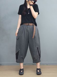 Style: Street Material: Cotton Pattern: Solid Color Length: Ninth Pants/Skirts Decoration: Patchwork Closure Type: Button Silhouette: Loose Gender: Female Season: Summer #pants #croppedpants #cotton #cargopants Gray Cargo Pants, Embroidery Pants, Patchwork Embroidery, Grey Cargo Pants, Cotton Cargo Pants, Comfy Pants, Summer Pants, Denim Overalls, Jeans Jumpsuit