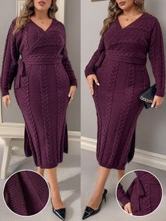 Plus Size Solid Color Tie Waist Fitted Sweater Dress, Casual For Autumn/Winter Red Violet Elegant  Long Sleeve Knitwear Plain  Slight Stretch  Women Plus Clothing, size features are:Bust: ,Length: ,Sleeve Length: Long Red Sweater Dress, Fall V-neck Solid Color Sweater Dress, Fitted Sweater Dress, Fall Solid Color V-neck Sweater Dress, Brown Plus Size Sweater Dress, Knit Long Dress, Brown Knit Long Sleeve Sweater Dress, Sweater Dress Casual, Thick And Fit