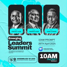 an advertisement for the emerging leaders summit with three men in suits and ties, on a blue background