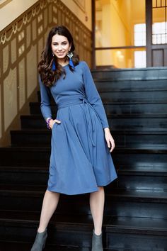 Blue dress with side pockets ➤ Features > Dress length: 99cm (38,97'') - 102cm (40,15'') > Long sleeves > Rounded neckline > Folds in skirt part > Zipper on the back ➤ Sizing My Size Guide in FAQ section below will help you define the perfect size match. The item can also be made according to your measurements - just message them to me. ➤ Delivery Your item is made-to-order and will be ready within 2-7 days. Average delivery times: > North America: up to 1-2 weeks > New Zeal Blue A-line Dress For Fall, Blue A-line Maxi Dress For Fall, Blue Pleated Maxi Dress For Fall, Blue A-line Mini Dress For Fall, Blue Midi Dress With Pleated Waist, Spring Pleated Belted Dress For Party, Blue Long Sleeve Knee-length Dress For Spring, Fitted Full Skirt Dress For Work, Fall Pleated Dresses With Full Skirt