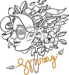 a skull with flowers on its head and the word spring written in gold lettering below it