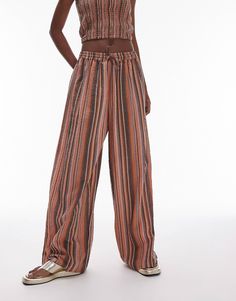 Topshop textured wide leg beach pants in brown stripe | ASOS Summer High Waist Wide Leg Pants With Vertical Stripes, Summer High Waist Vertical Striped Wide Leg Pants, Striped Tie-side Bottoms For Vacation, Striped Tie-side Bottoms For Summer, Summer Striped Tie-side Bottoms, Casual Wide Leg Pants With Vertical Stripes, High-waisted Vertical Stripes Wide Leg Summer Pants, Summer Vertical Stripes Wide Leg Pants, Trendy Striped Bottoms For Beach Season