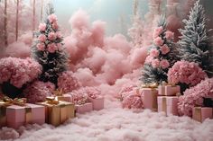 pink and gold presents surrounded by fluffy trees