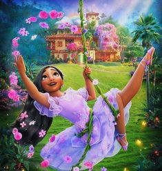 disney's princess poca and the frog in front of a house with flowers