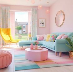 a living room filled with furniture and pink walls