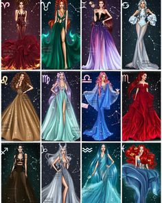 twelve zodiac signs in different colors and sizes, including the woman with red hair wearing a dress