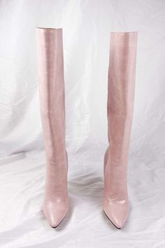 Faux leather croc effect Slip-on style Knee height Pointed Toe High stiletto heel Chic Knee-high Pink Boots, Chic Pink Knee-high Heeled Boots, Pink High Heeled Knee-high Boots For Party, Pink Fitted High Heel Knee-high Boots, Pink Leather Knee-high Boots With Pointed Toe, Ballet Shoes, Knee High, Heeled Boots, Stiletto Heels