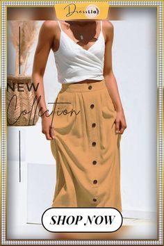 Women's Casual Solid Button Front High Waist A Line Midi Skirt High Waist Buttoned Maxi Skirt For Summer, High-waisted Buttoned Maxi Skirt For Summer, High-waist Maxi Skirt With Buttons For Summer, Buttoned Maxi Skirt For Spring, Spring Buttoned Maxi Skirt, Casual Fitted Maxi Skirt With Button Closure, Casual Workwear Maxi Skirt With Button Closure, Casual Maxi Skirt With Button Closure For Work, High Waist Maxi Skirt With Button Closure For Summer