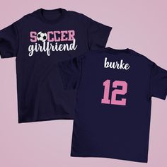 "Show your love for your favorite soccer player with our personalized soccer girlfriend shirt! Personalize your own cute soccer girlfriend shirt with your soccer player's name and number on the back. Or customize this cute soccer shirt to create a soccer wife shirt, soccer mom t-shirt, or soccer senior shirt! Enter your personalization under \"Add your personalization.\" Enter the soccer player's last name (or your own custom text), up to 12 characters, and number, up to 2 digits, exactly as it Soccer Gf Shirts, Soccer Gf Outfit, Soccer Girlfriend Shirts, Soccer Girlfriend Outfits, Personalized Sporty T-shirt For Sports, Sporty Personalized T-shirt For Sports, Personalized Sporty T-shirt For Game Day, Sporty Personalized T-shirt For Game Day, Sporty Personalized T-shirt For Sports Events