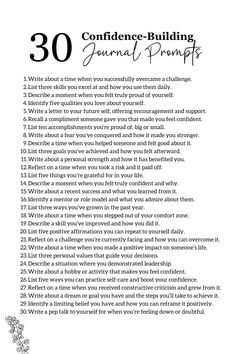 Feeling stuck or doubting yourself? These 30 confidence-building journaling prompts are here to help! Take some time to reflect, recognize your strengths, and overcome challenges. These prompts are designed to empower and uplift you. Ready to boost your confidence and embrace your best self? Start your journey with these prompts today. Perfect for anyone looking to grow, build confidence, and improve themselves. Journal Prompts Challenges, Confidence Shadow Work Prompts, Get To Know Yourself Journal Prompts, Money Journal Prompts, Self Confidence Journal Prompts, Confidence Journal Prompts, Self Confidence Building, Confidence Building Exercises