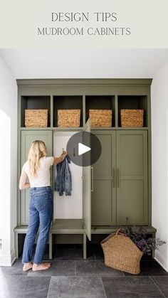 a woman standing in front of a green cabinet with clothes hanging on it and the words design tips mudroom cabinets