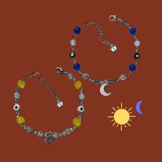 Matching Sun and Moon Bracelets for friends or couples! MEASUREMENTS: Both bracelets are 7.25 inches without the extender and 9.5 with the extender, but the length can be adjusted upon request! A matching sun and moon necklace set is also available now in my shop! Sun And Moon Necklace Couples, Adjustable Celestial Bracelets With Sun And Moon Design, Adjustable Celestial Sun And Moon Bracelets, Adjustable Sun And Moon Celestial Bracelets, Adjustable Silver Bracelet With Sun And Moon Design, Sun And Moon Bracelet, Bracelets For Friends, Friendship Crafts, Matching Jewellery