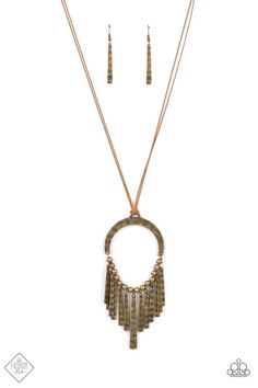 Hammered in rustic details, a collection of oblong brass plates is separated by antiqued brass beads along a dainty brass wire that attaches to the bottom of a matching hammered brass half-moon frame. Lengthened brown cording knots around the noise-making pendant, adding earthy charm to the wildly metallic fringe. Features an adjustable clasp closure. Sold as one individual necklace. Includes one pair of matching earrings. Paparazzi Fashion, Brass Plates, Hammered Brass, Brass Necklace, Paparazzi Accessories, Paparazzi Jewelry, Brass Frame, Cord Necklace, Brass Chain