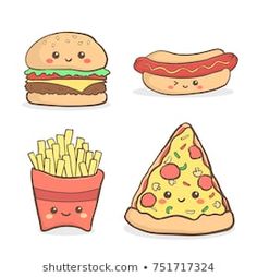 cute fast food clipart set with pizza, hot dog and french fries on white background