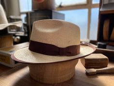 Genuine toquilla straw Chocolate brown hatband and binding Brim: 2-3/8" Crown: 4" Ready to ship Store credit or exchange only Hat Band, Chocolate Brown, Fedora, Binding, Straw, Crown