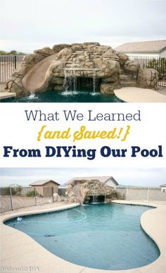 a swimming pool with a slide in it and the words what we learned and saved from dying our pool