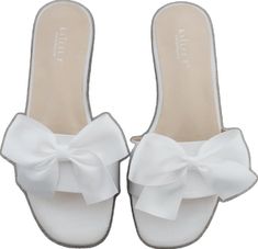 Name Evelyn, Slip On Sandals, Wedding Parties, Satin Slip, Satin Bow, White Satin, Easy Wear, Flat Sandals, On Shoes