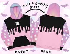 Cute and SPOOKY 🦇💕 This comfy unisex hoodie has a soft outside with a vibrant print and an even softer brushed fleece inside. The hoodie has a relaxed fit, and it's perfect for wrapping yourself into on a chilly evening. * 70% polyester, 27% cotton, 3% elastane * Fabric weight: 8.85 oz/yd² (300 g/m weight may vary by 5% * Soft cotton-feel fabric face * Brushed fleece fabric inside * Double-lined hood with design on both sides * Unisex style * Comes with drawstrings * Overlock seams * Blank pro Pink Winter Hoodie With Character Print, Winter Pink Hoodie With Character Print, Fall Kawaii Hoodie With Graphic Print, Playful Black Hooded Hoodie, Kawaii Graphic Print Hoodie For Fall, Kawaii Black Hoodie For Fall, Black Kawaii Hoodie For Fall, Trendy White Halloween Hoodie, Cute Black Hoodie With Graphic Print