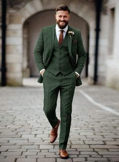 Dapper Wedding Suit, Green Vest Wedding Men, Grey And Green Suit Men, Khaki Green Suit, Green Grey Suit Wedding, Wedding Party Outfit Men, Groom In Dark Green, Forest Green Suits Wedding, Wedding Suits Tweed