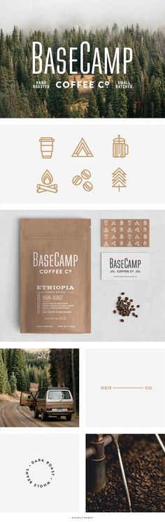 the logo for base camp coffee company is shown on top of a page with other logos