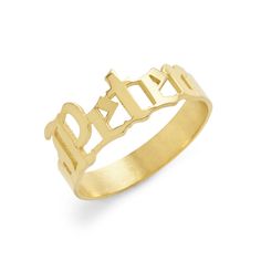 Stay on trend with our Men's Gothic Gold Name Ring. This custom 1/4" wide gold plated sterling silver ring can be worn with your name, nickname, the name of a loved one or a meaningful word.  This personalized Gothic Name Ring makes the perfect gift for the man in your life. Gold Name Ring, Coordinates Jewelry, Name Ring, Name Rings, Monogram Jewelry, Cz Stud Earrings, Engraved Jewelry, Men's Rings, Engraved Rings