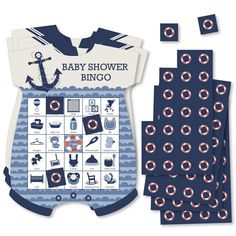 the baby shower game is next to it's matching blue and white onesuits