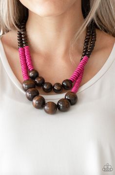 Paparazzi Cancun Cast Away - Pink Wood Necklace - Spellbound Jewelz Collar Rosa, Paparazzi Accessories Jewelry, Wooden Bead Necklaces, Earthy Brown, Bling Necklace, Wooden Necklace, Wood Necklace, Pink Necklace, Jewelry Images