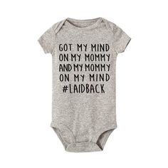 MIND ON MY MOMMY Onesie Cotton Stretch Bodysuit For Playtime, Stretch Cotton Onesie For Playtime, Cute Gray Cotton Onesie, Cotton Bodysuit With Letter Print For Playtime, Cotton Graphic Print Onesie For Loungewear, Cute Cotton Onesie Soft-washed, Funny Cotton Bodysuit With Text, Playful Cotton Bodysuit With Letter Print, Cotton Onesie With Letter Print For Playtime