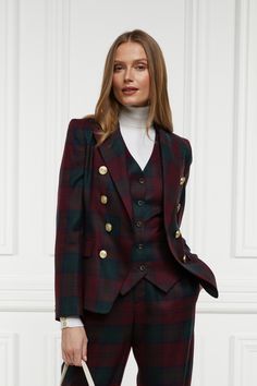 Knightsbridge Blazer (Mulberry Tartan) Luxury Houndstooth Pattern Chic Blazer, Luxury Collared Business Blazer, Luxury Double-breasted Blazer For Office, Luxury Classic Blazer For Layering, Luxury Chic Double Breasted Fitted Suit, Luxury Double Breasted Suit For Women, Luxury Red Fitted Tweed Jacket, Luxury Suiting Fabric Blazer For Work, Luxury Women's Blazer In Suiting Fabric