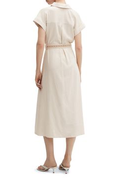 A beautifully woven belt accentuates the waist of a short-sleeve shirtdress in an airy weave. Front button closure Spread collar Short sleeves Removable belt 80% viscose, 15% linen, 5% cotton Machine wash, line dry Imported Woven Belt, Shirtdress, Top Brands, Mango, Short Sleeves, Nordstrom, Luxury Fashion, Collar, Beauty