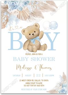 a baby shower is shown with a teddy bear on it's chest and blue flowers