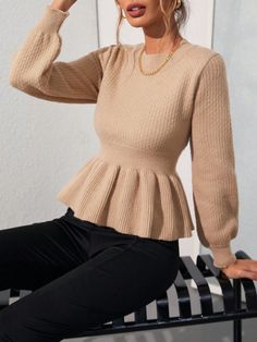 Elegant Simple Waist-Cinch Pullover Sweater With A-Line Hem, Long Sleeve Khaki Casual  Long Sleeve Knitwear Plain Pullovers Slight Stretch Spring/Fall Women Clothing, size features are:Bust: ,Length: ,Sleeve Length: Baseball Jacket Style, Punk Woman, Simple Sweaters, Silk Stockings, Estilo Hip Hop, Casual Cardigans, Knit Sweater Dress, Inspiration Mode, Long Sleeve Cardigan