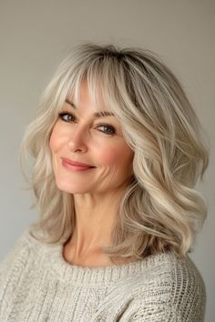 30+ Hairstyles for Women Over 50 with Bangs You’ll Want to Try ASAP – CreativeBooster Shoulder Length Hair With Bangs Blonde, Over 50 Hairstyles For Women Long, Long Bob Hairstyles Over 50, Shoulder Length With Fringe, Over 60 Shag Hairstyles, Shoulder Length Hair With Bangs Over 50, Kelly Clarkson Bangs, Jacqueline Smith Hairstyles, Bangs Or No Bangs Over 50