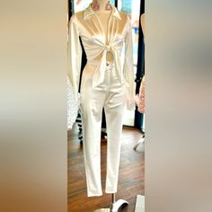 Cute White Satin Pants And Top Straight Leg Pants Super Cute Satin Pant Suit, White Satin Pants, Satin Pant, Italian Chic, Pants And Top, Black And White Pants, Lululemon Align Leggings, Size 12 Women, Pink Jumpsuit