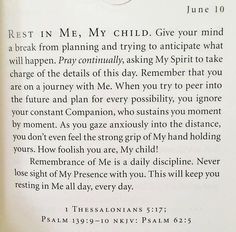 an open book with the words rest in me, my child give your mind a break from planning and trying to anticipate that will happen