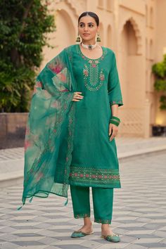 This Suit is a suitable amalgamation of style and grace that is required from ethnic wear. The dress is ideal for any formal or informal gathering. Crafted with the utmost care, our plazzo suits are made from high-quality fabrics that offer comfort and breathability, allowing you to move effortlessly. The highlight of our salwar suit, is meticulously designed to enhance your beauty. It comes in a range of stunning styles, catering to diverse occasions and preferences. Chest Size: Medium: 38 Inches Large: 40 Inches X-Large: 42 Inches XX-Large: 44 Inches XXX-Large: 46 Inches FABRIC : Top: Roman silk with heavy embroidery Bottom – Roman silk Duppta – Organza (Digital Print) With Embroidery Work NOTE: COLOR MAY SLIGHTLY VARY FROM THE PICTURE NOTE: This Suit is stitched in size 38, 42, 46 but c Unstitched Bollywood Suits With Dupatta, Anarkali Suits With Dupatta For Eid, Festive Bollywood Suit With Dupatta, Festive Suits With Dupatta For Eid, Green Unstitched Suit With Dabka Work For Formal Occasions, Unstitched Anarkali Formal Sets, Traditional Semi-stitched Suit With Dupatta, Anarkali Style Unstitched Formal Sets, Bollywood Style Suits With Resham Embroidery For Eid