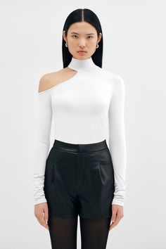 Off White Cutout Long Sleeve Top - Evan Top | Marcella Modern Elastane Tops For Party, Modern Elastane Party Tops, Solid One Shoulder High Stretch Tops, White Stretch One Shoulder Top For Night Out, Party High Neck Tops, Bachelorette Outfits, Top Clothing, Extra Long Sleeves, Cut Out Top