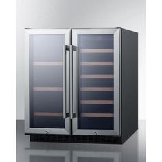 a double door wine cooler is shown in stainless steel and has glass doors on both sides